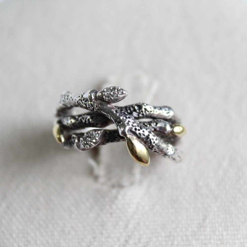 Stephen Dweck Diamonds Sterling Silver & Gold Triple Branch Ring Size 8 - Picture 6 of 11
